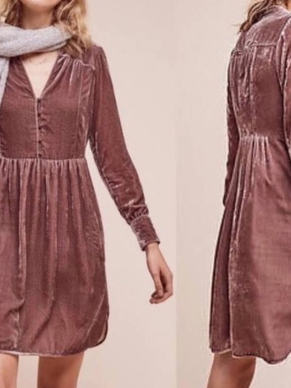 HOLDING HORSES Velvet Long-Sleeve Button Dress in Mauve